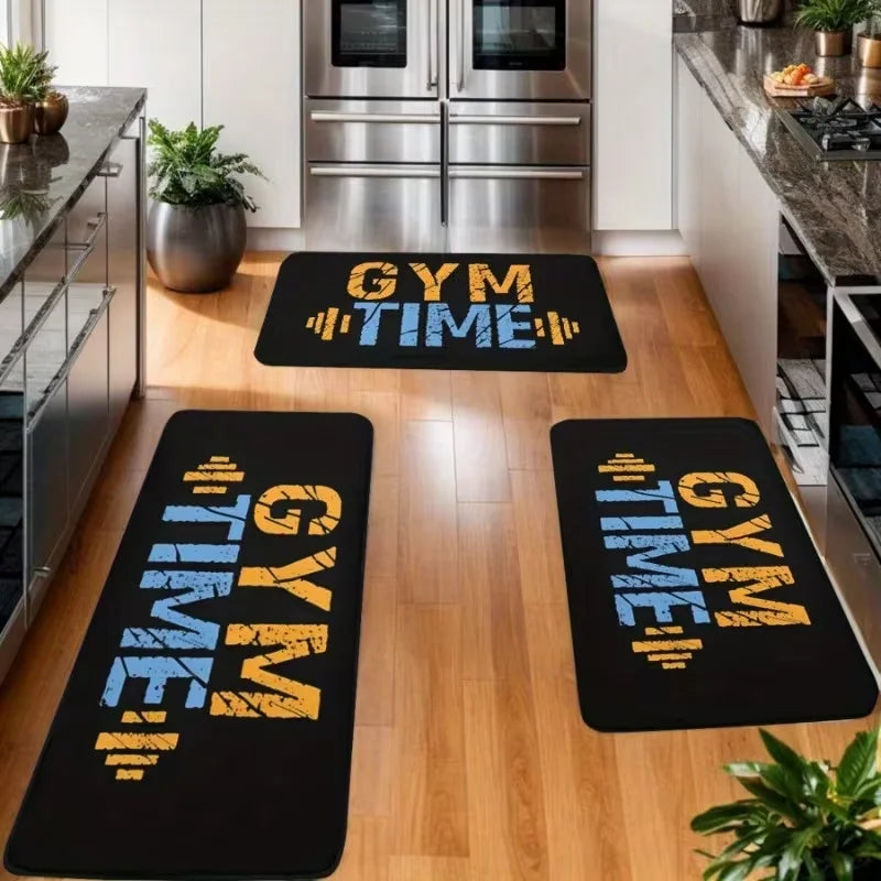 tapis sol moderne gym time lettres doré bleu barbell adhésif noir sport chambre maison
