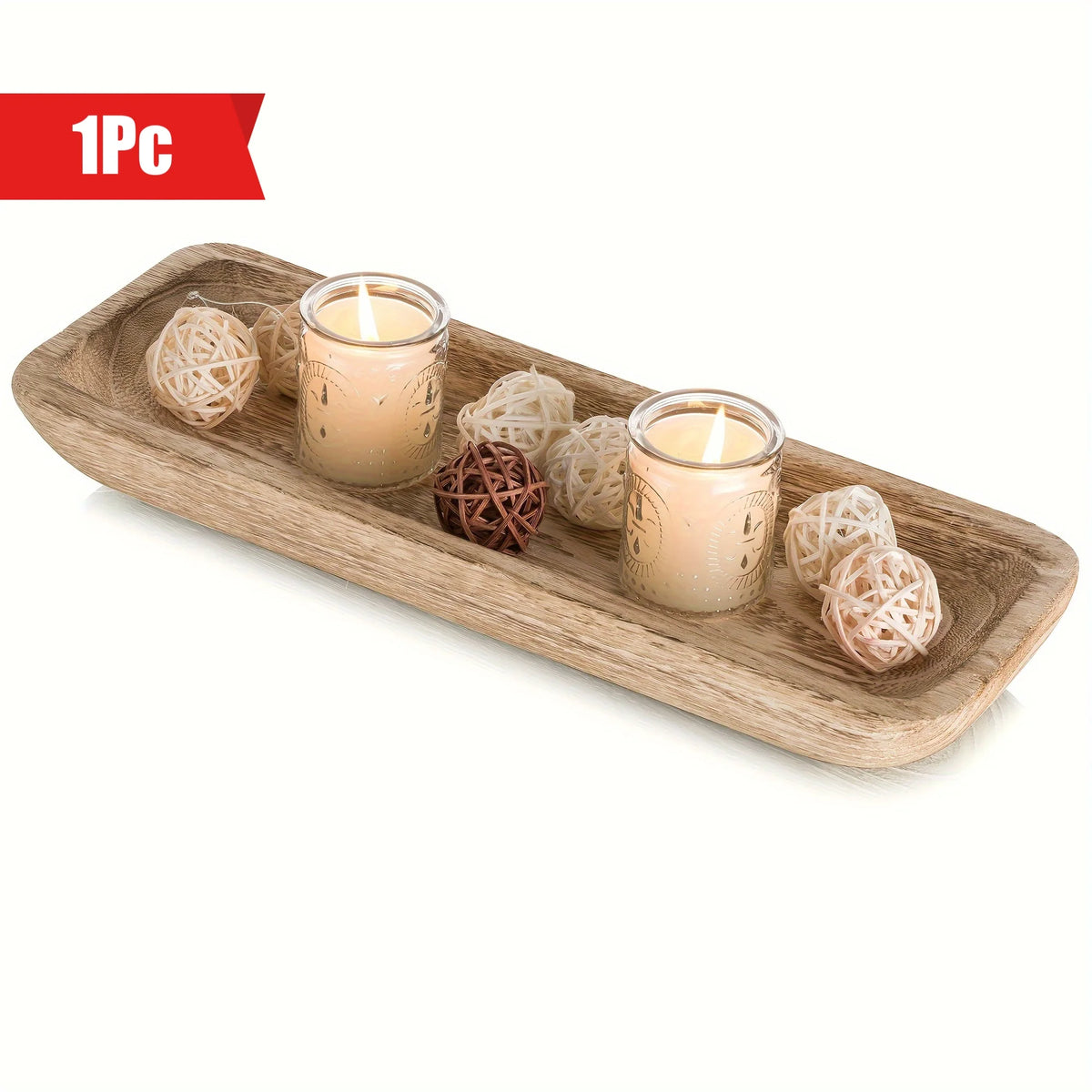 plateau décoratif bois marron clair boules fibres naturelles bougies translucides guirlande tassels fleurs artificielles