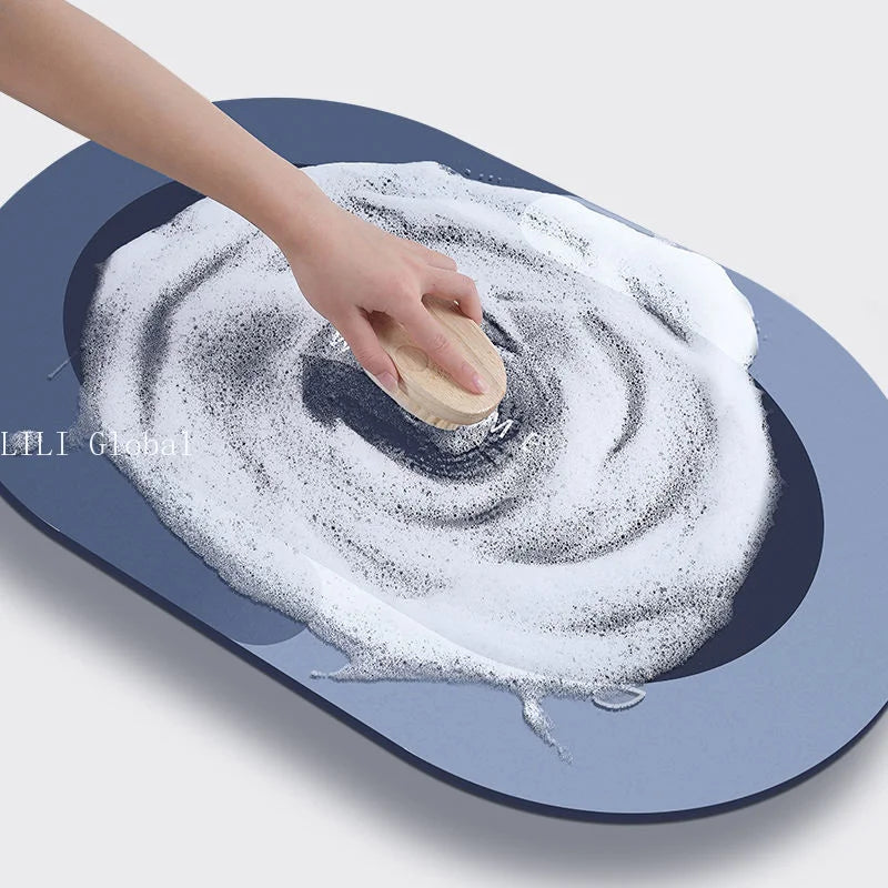 tapis bain moderne ovale motifs pas couleurs bleu marine gris clair rose violet texture
