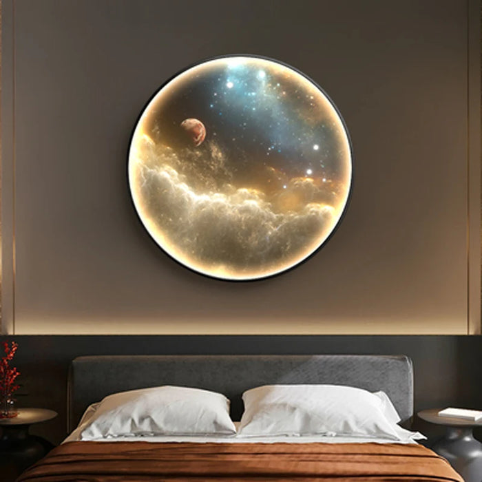 Applique murale LED ronde en forme de lune noire sur fond blanc