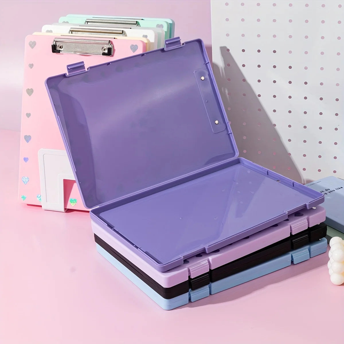 porte dossiers a4 moderne bleu clair vert rose jaune violet clips métalliques points blancs