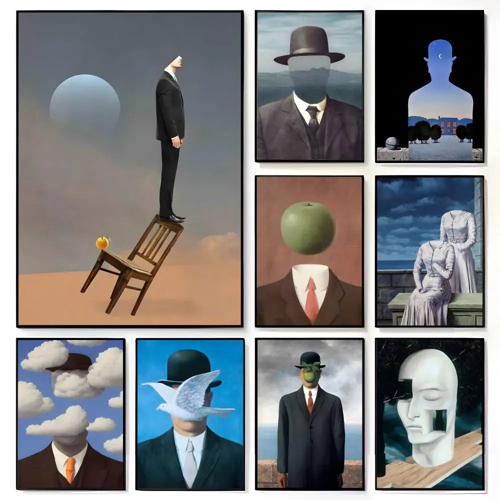 tableau moderne son of man ren magritte noir blanc gris bleu vert marron orange