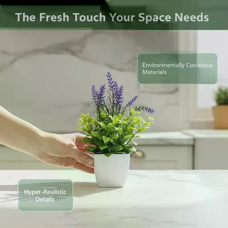 plantes artificielles feuilles vertes fleurs violettes pot blanc minimaliste décoration intérieure sans entretien