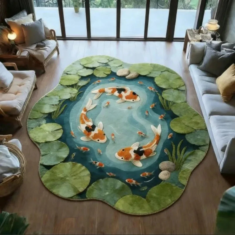 tapis poisson carpe feuilles fleurs moderne salon imperméable antidérapant polyester bleu vert orange