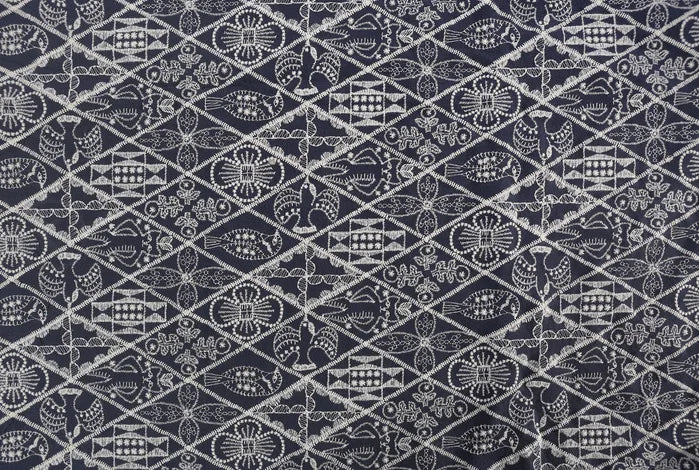 tissu brodé traditionnel géométrique floral résistant coton bleu foncé marron blanc totalément opaque artisanal