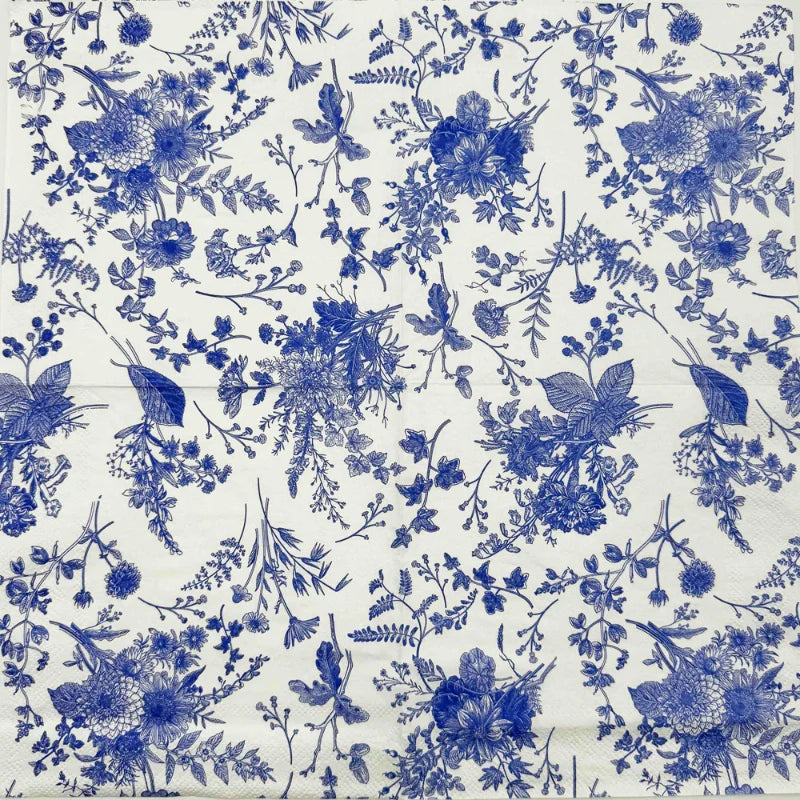 serviettes papier blanc bleu fleurs feuilles oiseaux classique vintage 33x33cm 20 pièces
