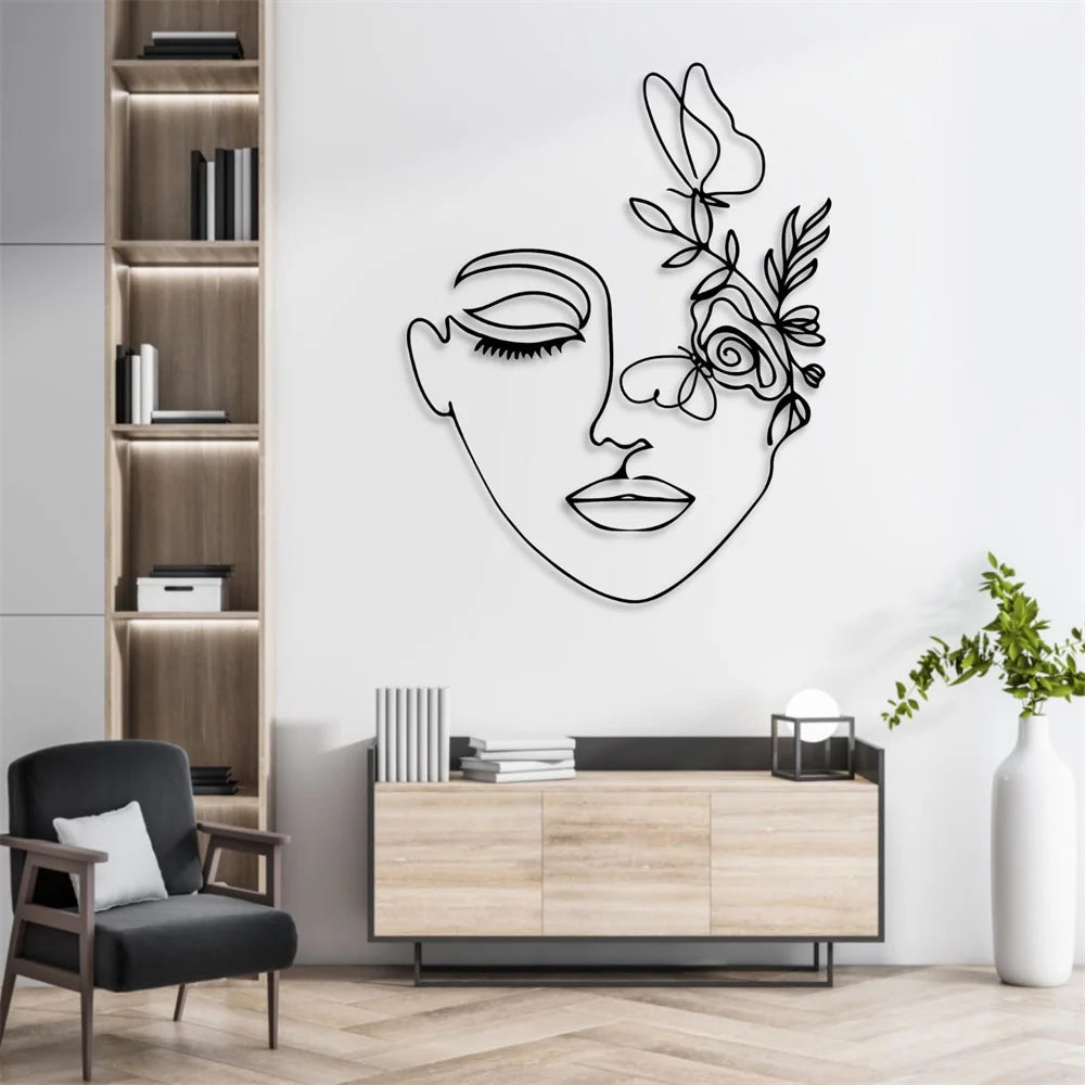 Décor mural métal femme de ligne abstrait minimaliste noir vu de face