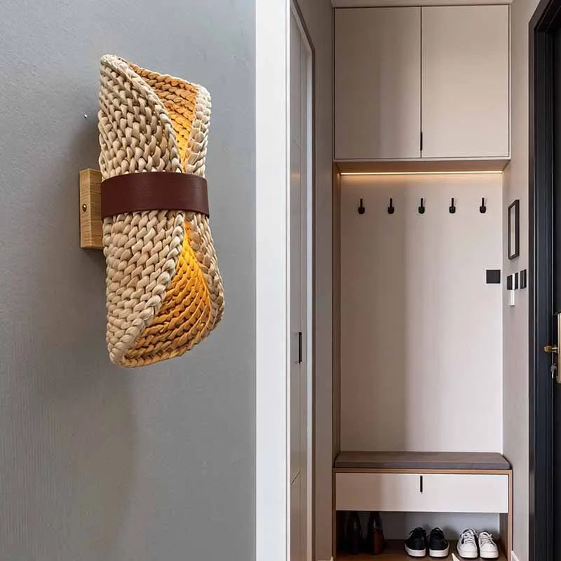 lampe murale tressée bois beige rustique éclairage quotidien led moderne fixée mur