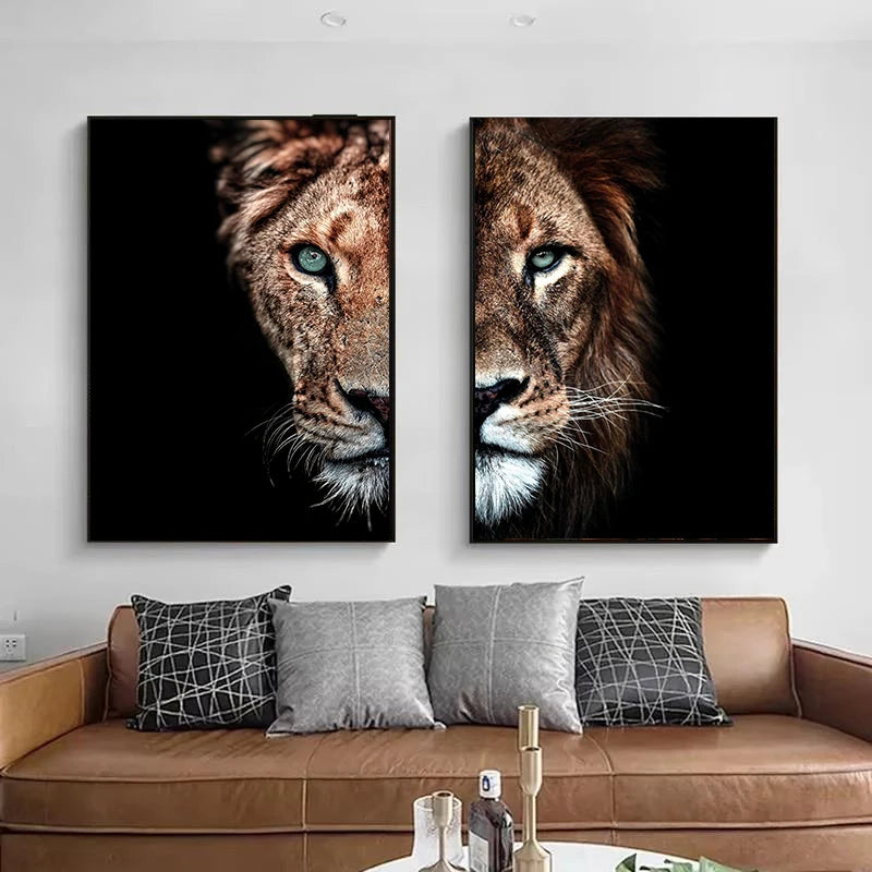 affiche portrait lion réaliste cadre doré décoration murale salon moderne toile marron