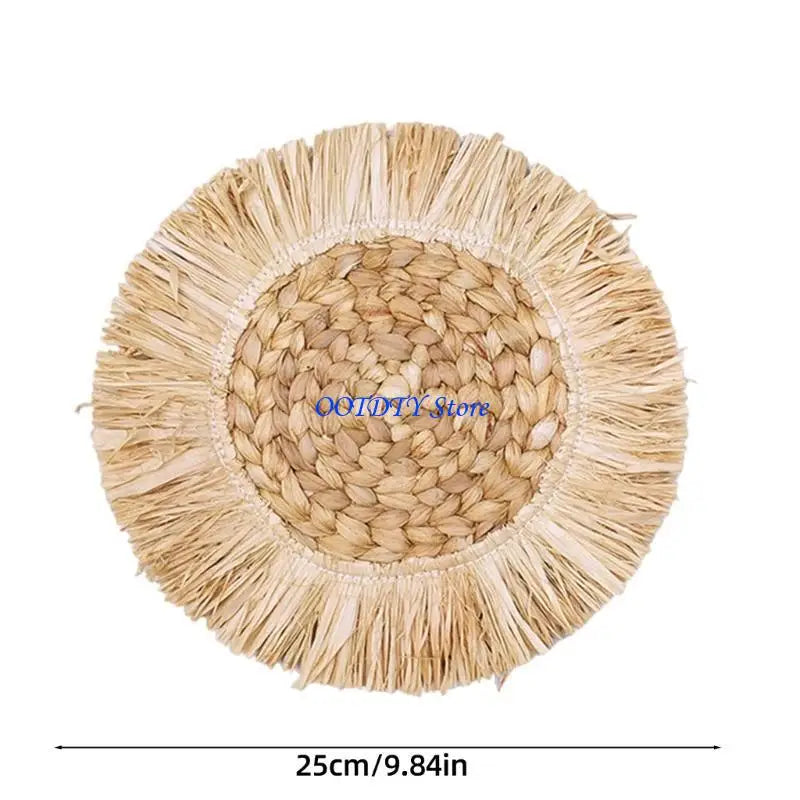 assiettes paille naturel beige vert clair tissage traditionnel franges blanches rustique boho chic