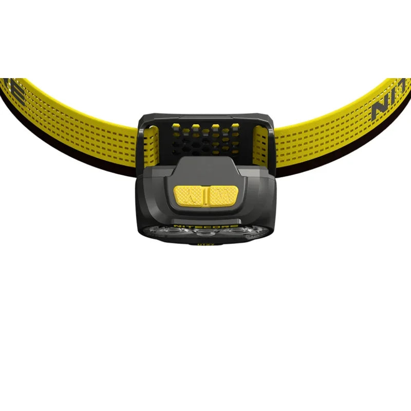 lampe frontale rechargeable led noire jaune bande elastique ajustable utilitaire moderne camping jogging