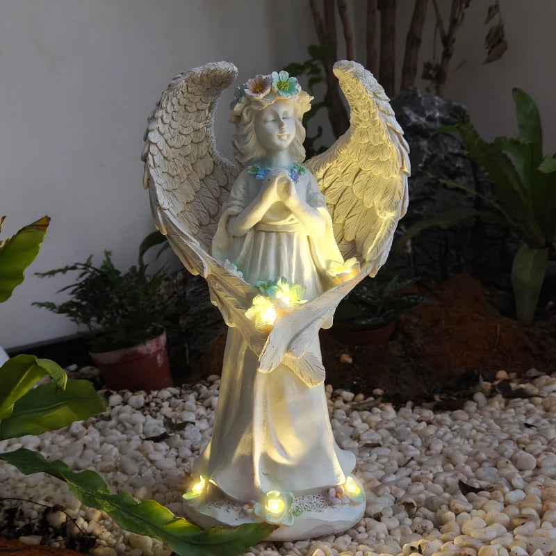 statue ange blanc plumes fleurs base décorative jardin classiqueextérieur résine