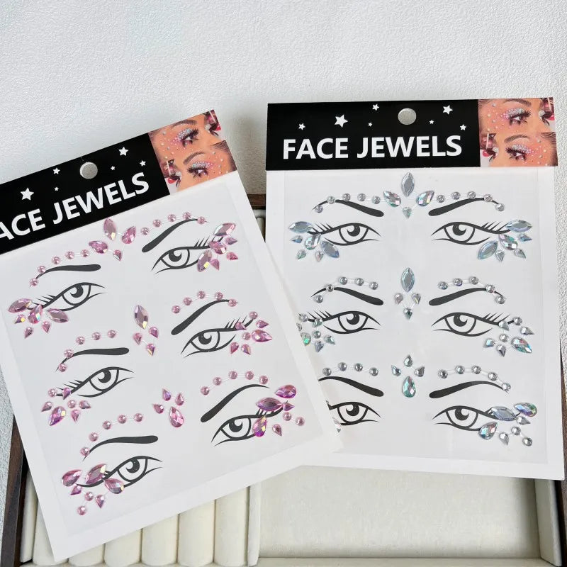 bijoux faciaux autocollants rose argenté strass brillants transparent modernes festifs temporaires