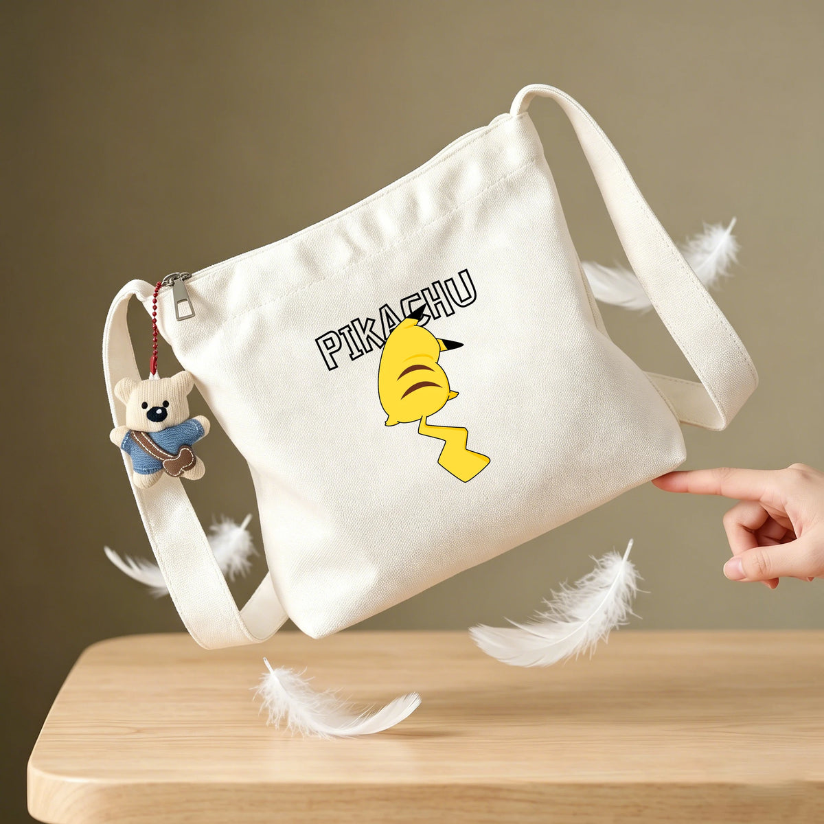 sac bandoulière toile blanc pikachu anime ours peluche grande capacité sac main