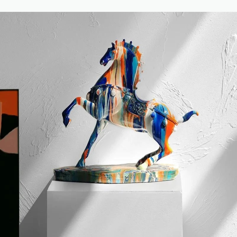 statue cheval moderne marbré bleu orange blanc décoration salon meuble vin cadeauOpaque