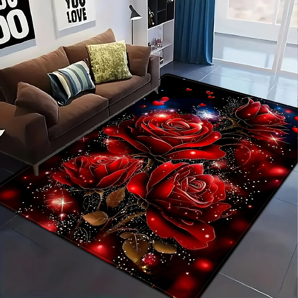 tapis rouge roses noires feuilles dorées étoiles blanches moderne salon chambre décoratif polyester PVC