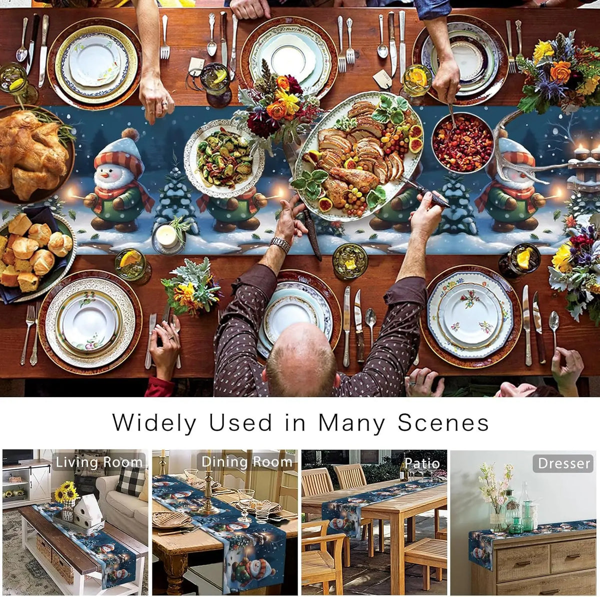 Cette image montre une table de fête richement décorée avec de nombreux plats festifs et des figurines de Noël, illustrant son utilisation dans diverses scènes comme le salon, la salle à manger, le patio et la chambre.