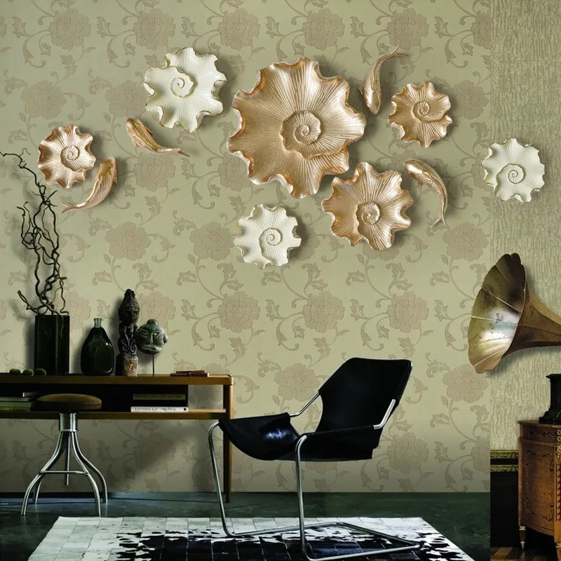 décoration murale moderne or blanc fleurs stylisées poissons élégante résine chicintérieur