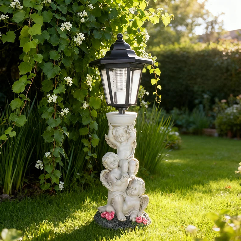 lampe solaire ange décorative extérieur noir beige rouge fleurs ajourée classique 38cm haute