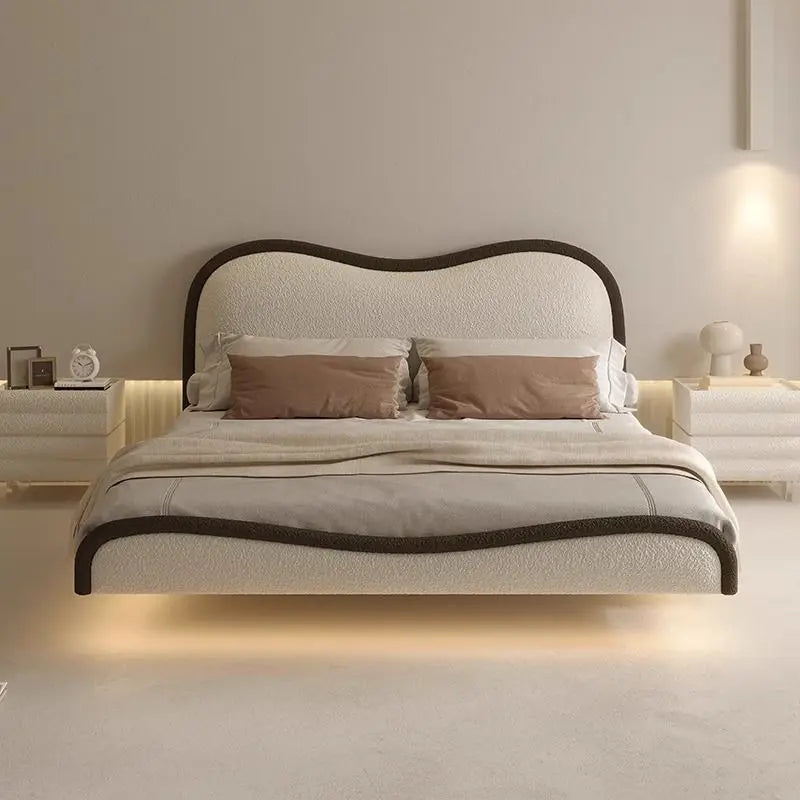 lit moderne bois blanc tissu doux franges oreillers coussins 150cm 180cm chambre minimaliste