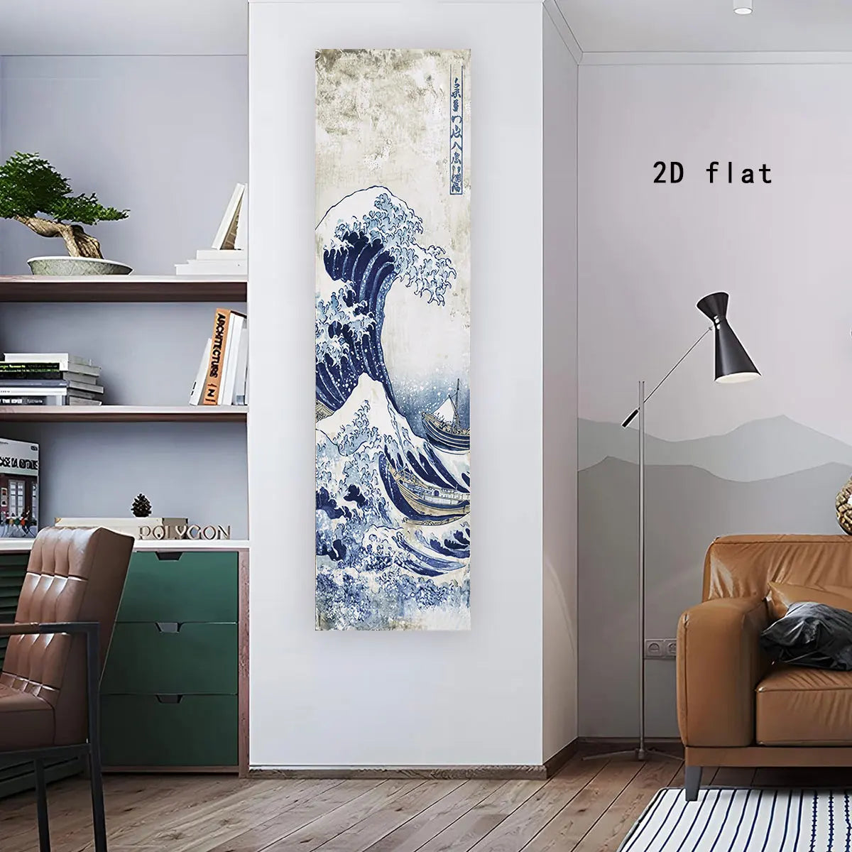 toile décorative vague stylisée bleu blanc beige classique impressionniste mur opaque adhésif fixe personnalisable