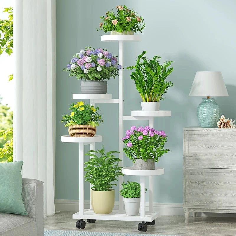 meuble plantes roulettes moderne noir blanc doré plateaux circulaires pots fleurs