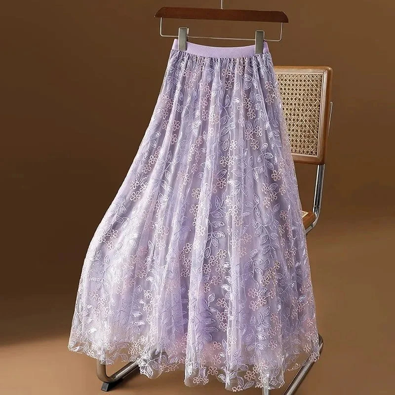 jupe bohème florale tulle violet bleu clair blanc vert pastel rose pâle elastique dentelle
