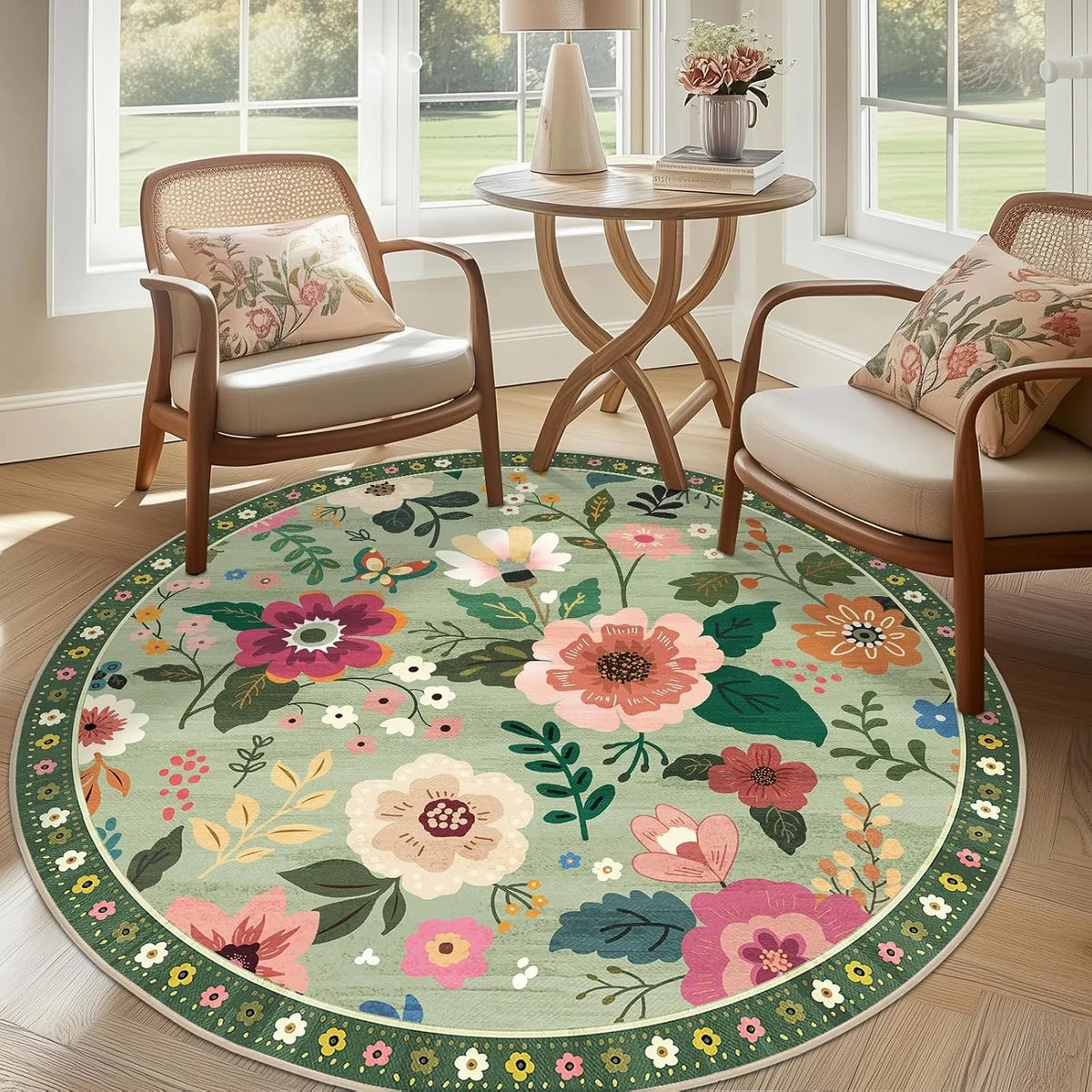 tapis rond moderne fleurs colorées motifs floraux salon beige rose violet