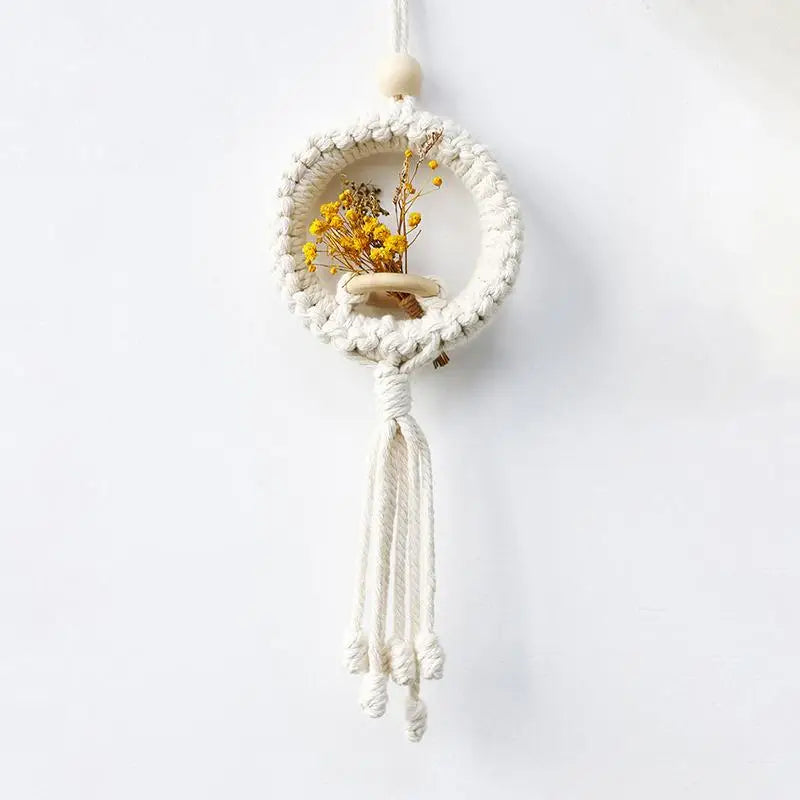 support mural macramé blanc tissé main boho artisanal crochet métal fleurs séchées