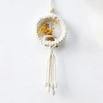 support mural macramé blanc tissé main boho artisanal crochet métal fleurs séchées