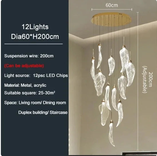 lustre suspension moderne escalier feuilles acrylique transparent doré luminaire luxe salon