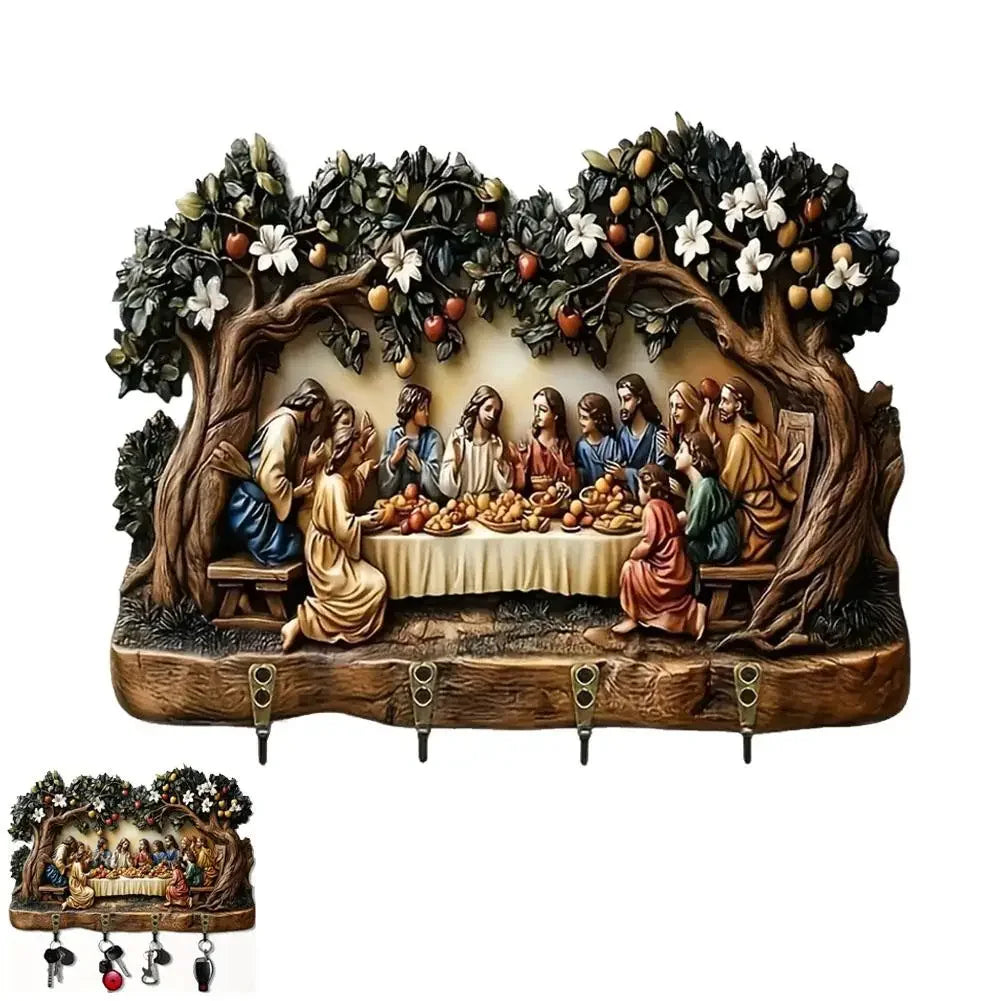 tableau mural décoratif scène religieuse arbre sculpté guirlande fruits fleurs marron beige vert rouge