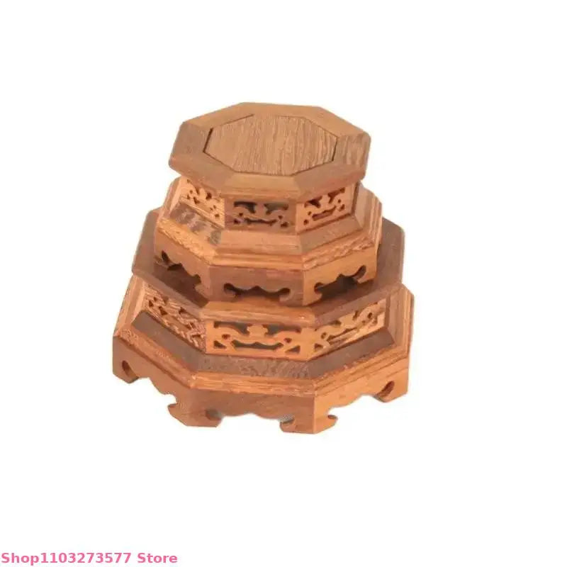 support vase bois artisanal marron clair texture naturelle découpes géométriques traditionnel métalliques