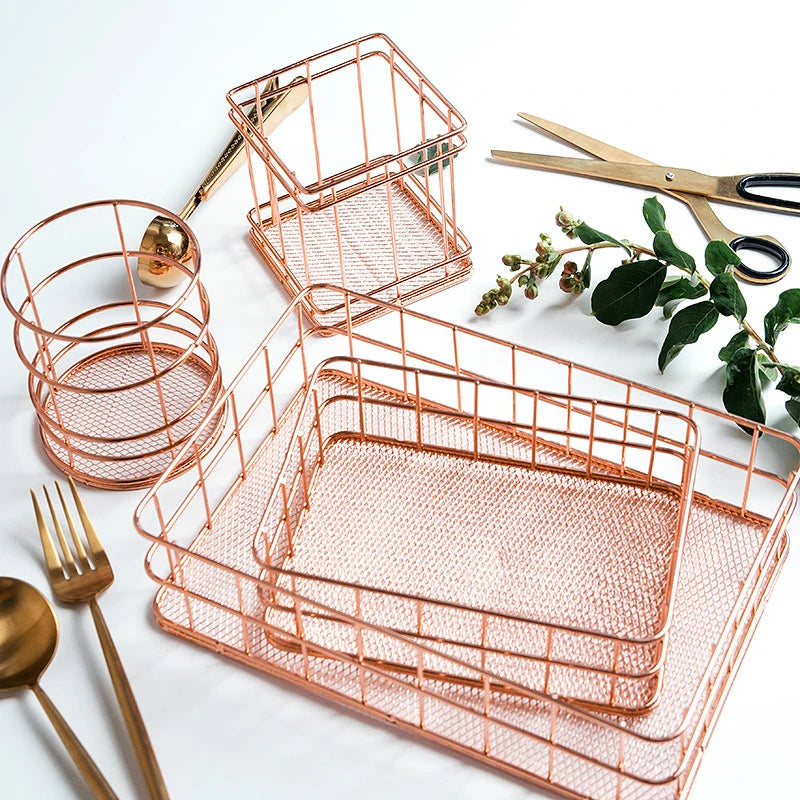 paniers rangement métal or rose gold maille fine moderne minimaliste respectueux environnement multifonctionnels