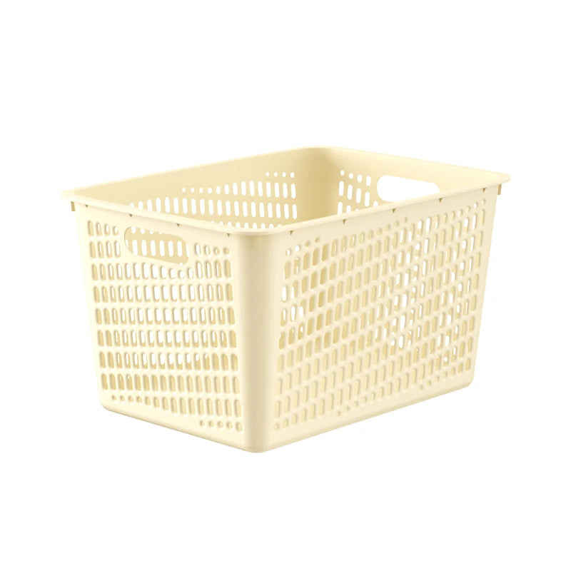 panier rangement perforé moderne poignées réutilisable articles divers boîte plastique beige clair