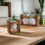 support plante verre moderne bois marron clair vase table decoration maison transparent naturel