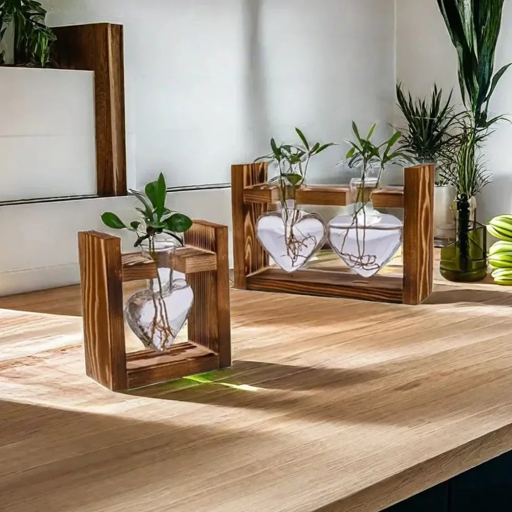 support plante verre moderne bois marron clair vase table decoration maison transparent naturel