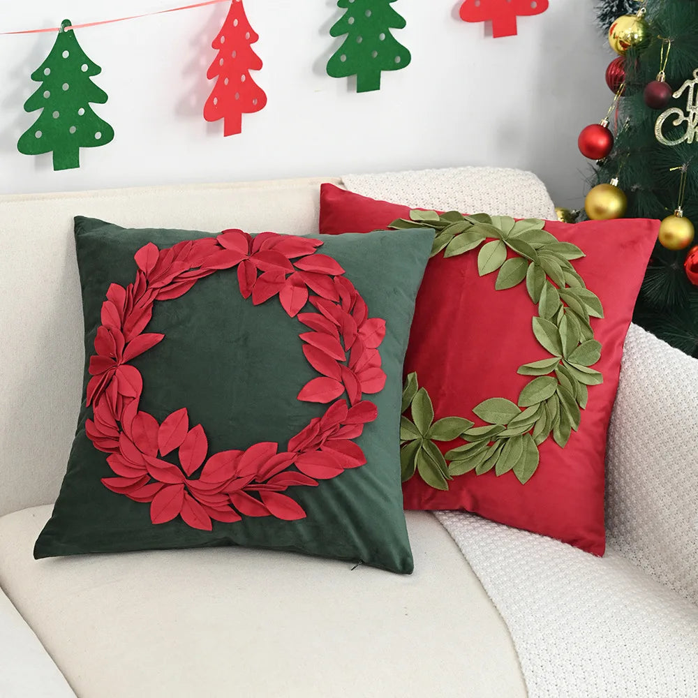 housse coussin velours rouge vert motif feuille noël matelassée décorative maison canapé nordic poly