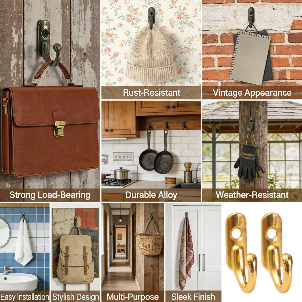 crochets muraux modernes minimaux bronze doré noir vis fixations salle bain cuisine support bijoux