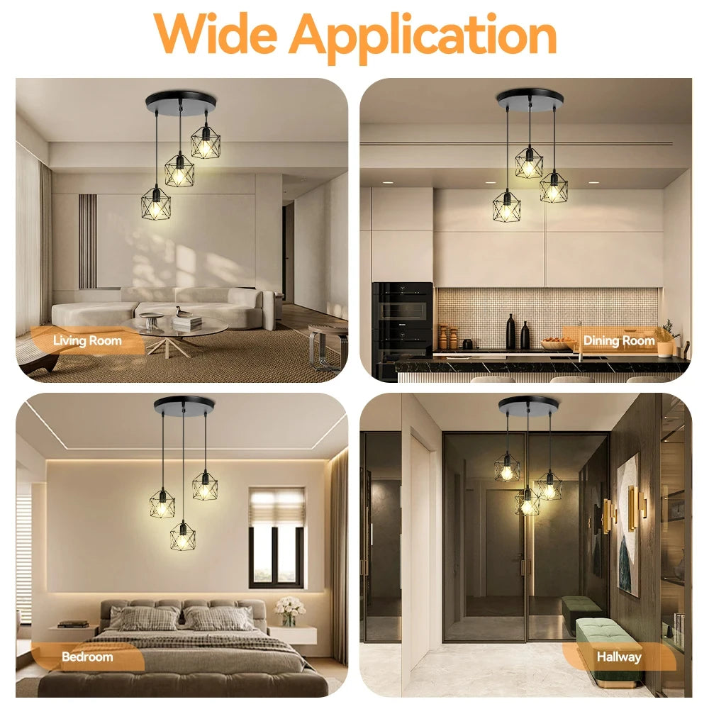 suspension lumineuse industrielle noir grille géométrique opacite ampoules e27 base e26 câble ajustable