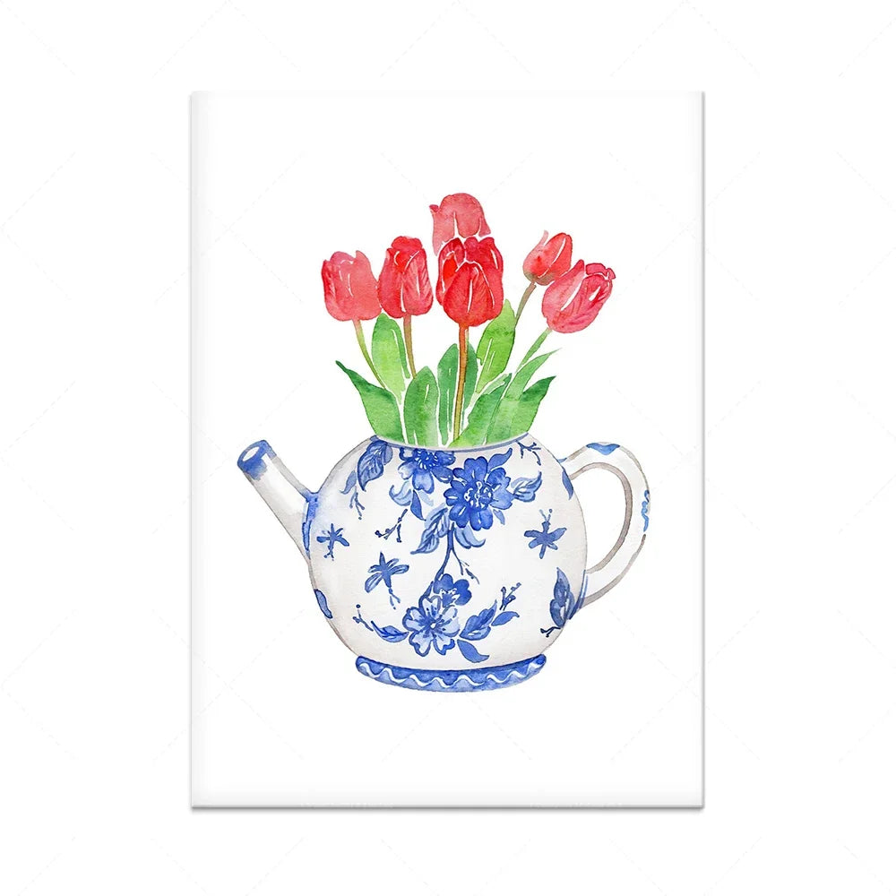 Une théière en porcelaine peinte à la main fleurie avec de magnifiques tulipes rouges.