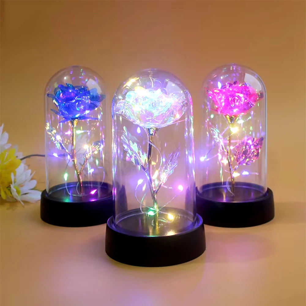 rose artificielle verre transparent led bleu doré décoration intérieure anniversaire saint valentin préparation mariage