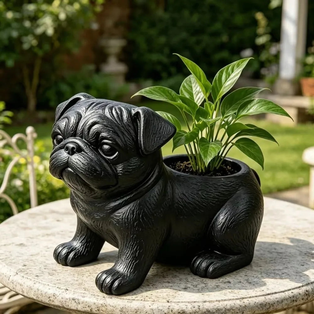 cache pot forme chien noir blanc marron texture résinée moderne intérieur extérieur plantes succulentes