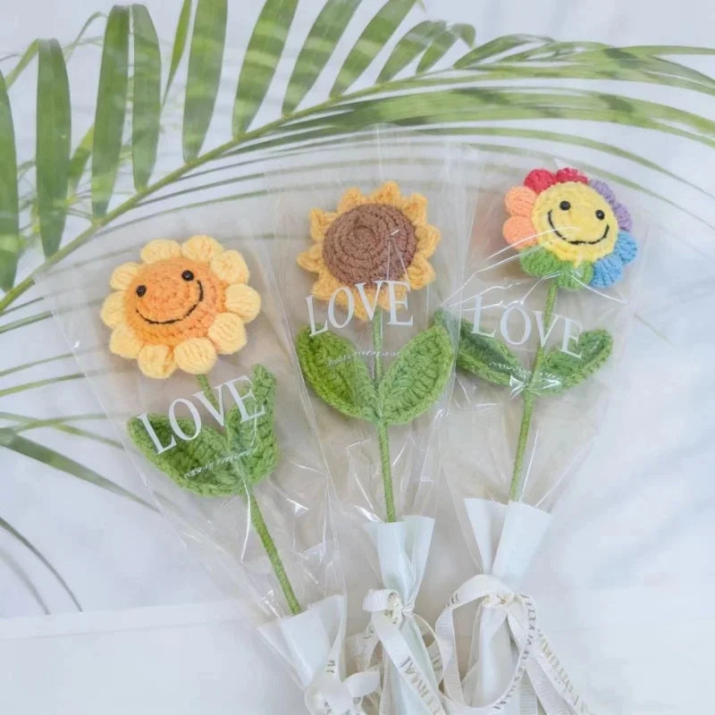 bouquet fleurs artificielles tricotées jaune vert maison décoration intérieure saint valentin anniversaire mariage