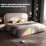 lit double moderne minimaliste beige clair cuir tissu tête rembourrée table chevet meubles chambre