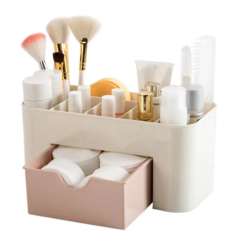 boîte rangement cosmétique moderne beige rose mat outils maquillage nettoyage produits beauté pratique organisation