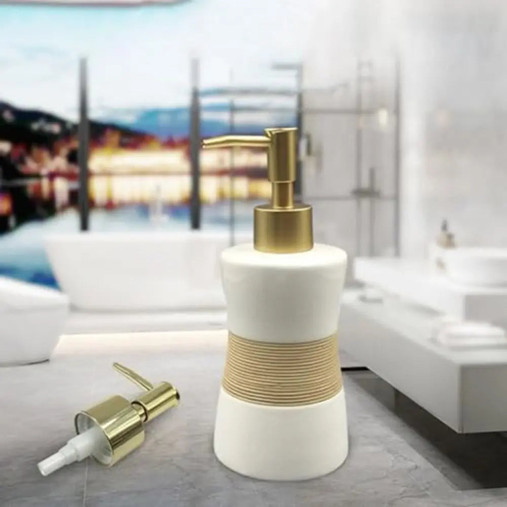 distributeur savon liquide moderne or argent rondelles transparent blanc