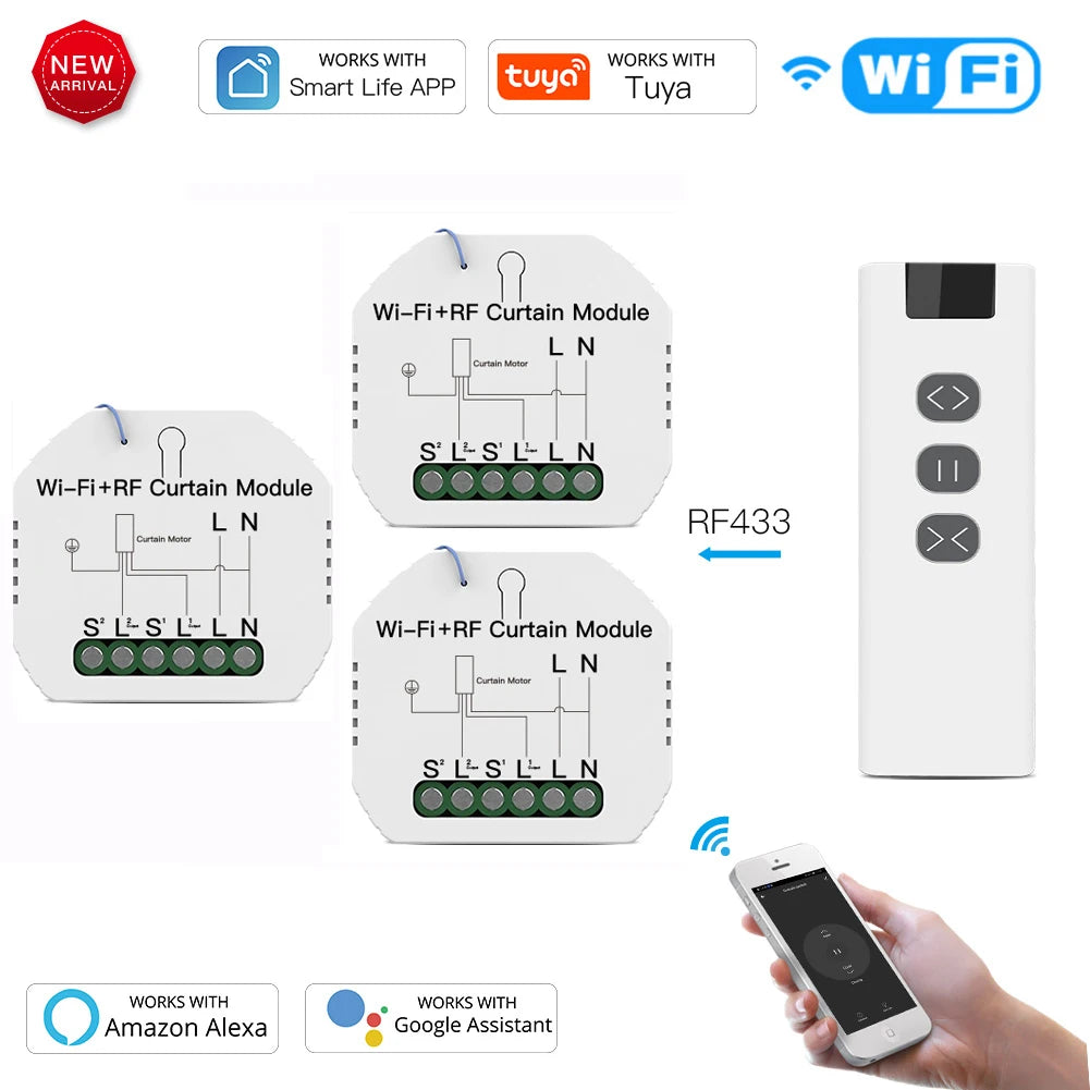 module rideau motorisé intelligent télécommande rf433 application smartphone contrôle vocal programmation