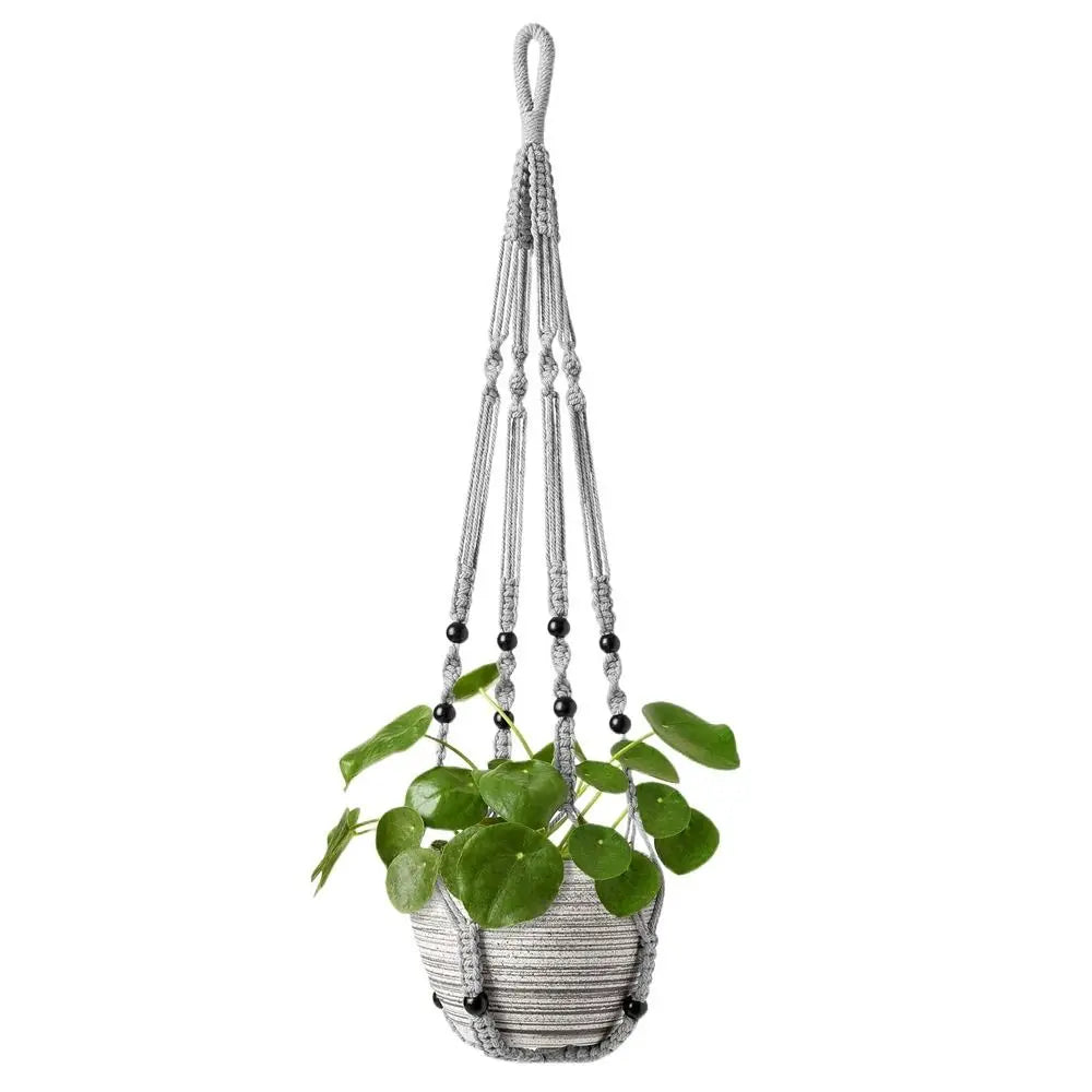 support plante suspendue macramé boho blanc beige noir artisanal anneaux métalliques pot plante