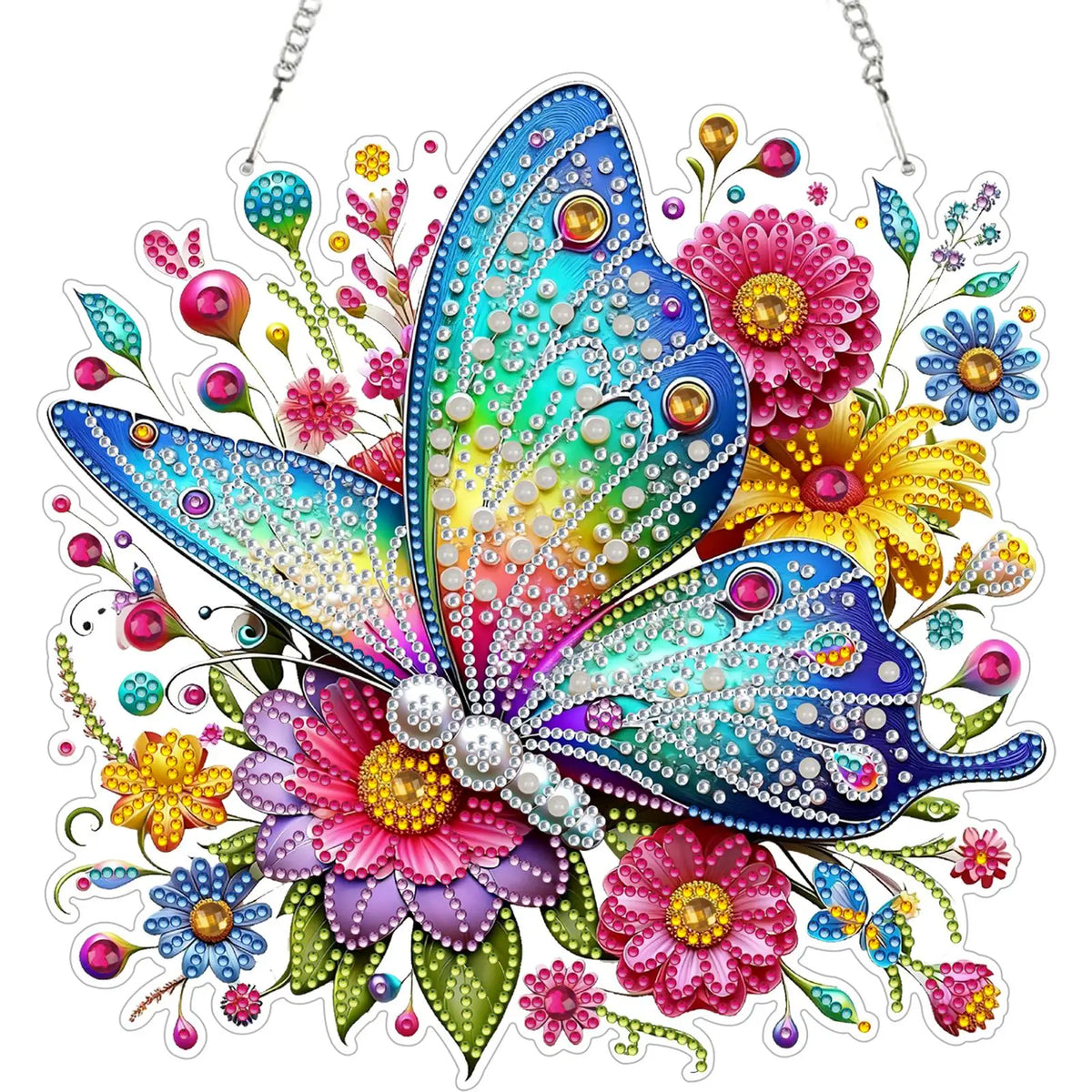 décoration murale artisanale peinture diamant motif floral violet blanc doré vert rose